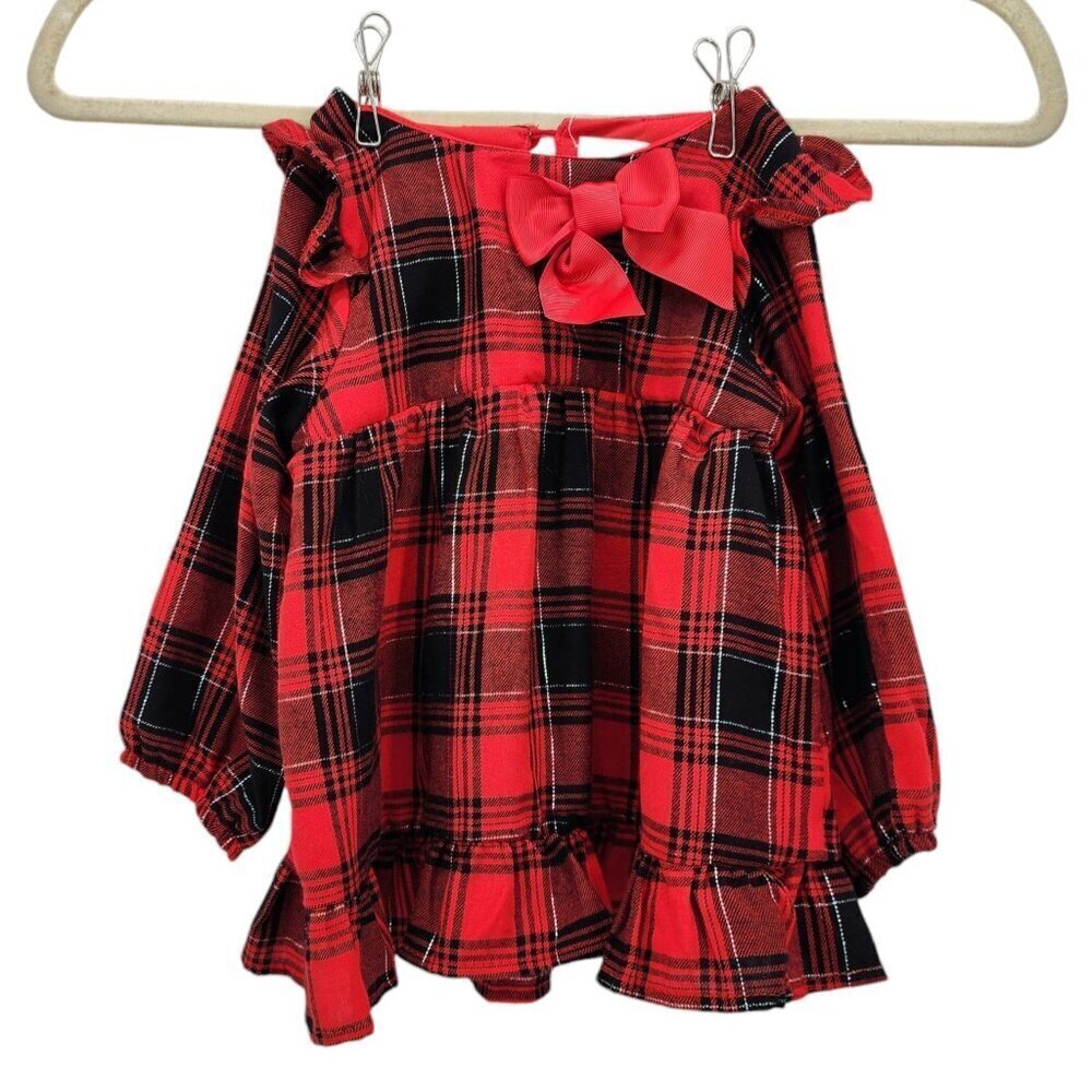 NWT Rare Editions Flannel Plaid Red Black Ruffle Top Girls 24M Months